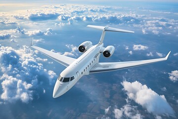 Fototapeta premium Luxury white private jet flying over Earth in blue sky 