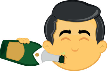 vector illustration yellow emoji character male, drinking champagne or cider from the bottle
