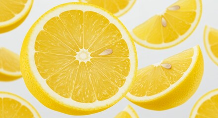 Fototapeta premium Floating Lemon Slices Showcasing Freshness and Juiciness Against a Bright Backdrop