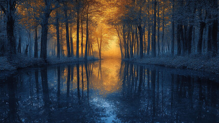 Serene sunset reflection tranquil forest river nature photography autumn environment landscape view calm concept