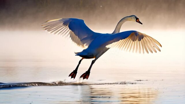 Elegant white swan is taking off from lake surface to fly away, water splashing during golden sunrise lighting