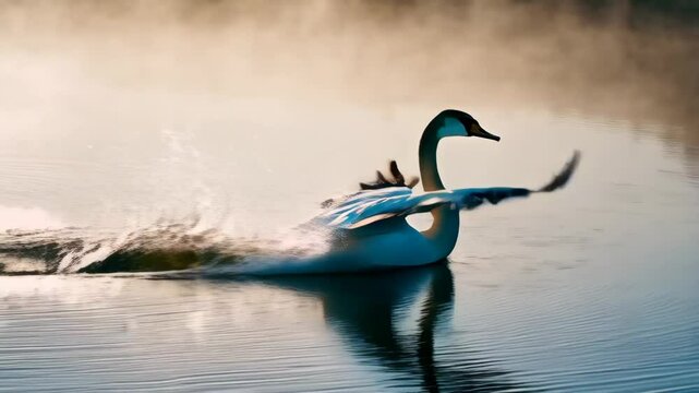 Graceful swan launching, wings beating intensely over rippling water surface