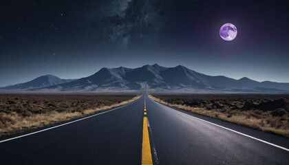 Moonlit Desert Road at Night with Starry Sky, Moonlit Road Through a Starry Desert Night, Moonlit Empty Long Road at Night with Full Moon in Dark Sky, long Road in Night with Moon and generated ai