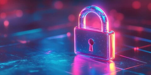 Colorful illuminated padlock standing on a digital surface showcasing security and protection in a futuristic cyber environment with glowing lights
