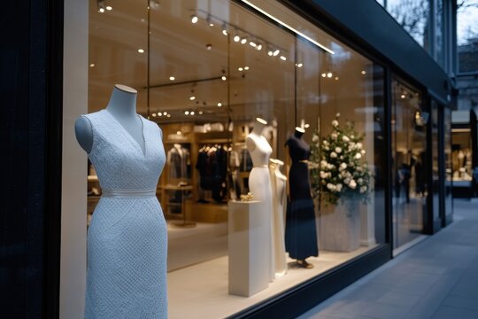 A luxurious boutique window display featuring stylish dresses arranged visually appealingly, attracting potential customers with its elegant presentation.