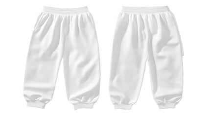 White joggers, front & back views, studio shot, plain background, apparel mockup