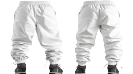 White joggers, front & back views, studio shot, apparel mockup