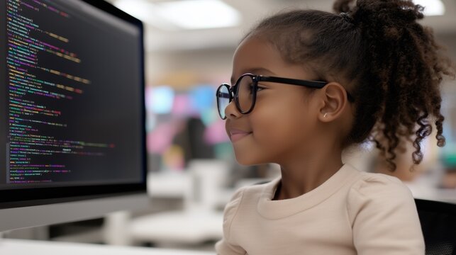 Coding Prodigy: A young girl with glasses gazes intently at a computer screen filled with lines of code, a symbol of early potential and technological curiosity.