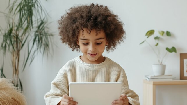 Young Boy using tablet: A captivating young boy with curly hair engrossed in a tablet, displaying the fusion of modern technology and youthful curiosity in an inviting home setting.