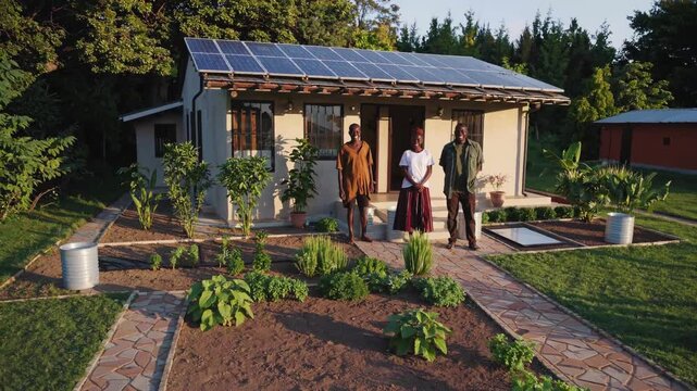 Family posing in front of sustainable home with solar panel