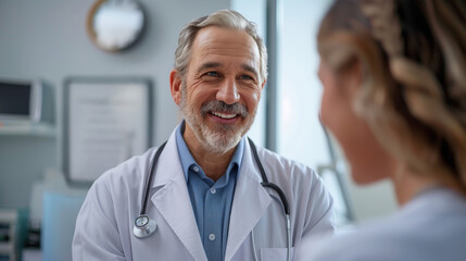 Fototapeta premium A doctor smiles and communicates with a patient in a well-lit clinic setting, focusing on their health concerns and well-being