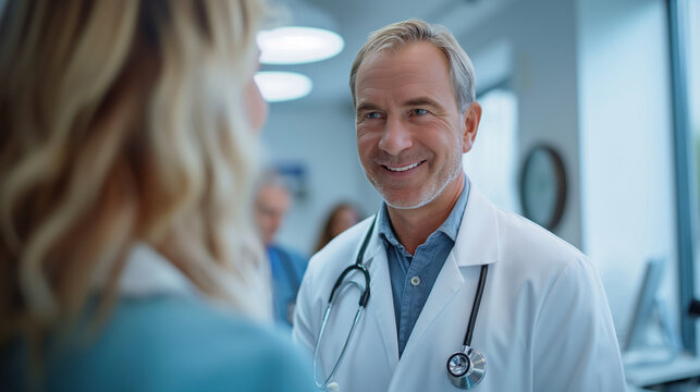 A doctor engages in a conversation with a patient in a well-lit clinic, focusing on health concerns and establishing trust