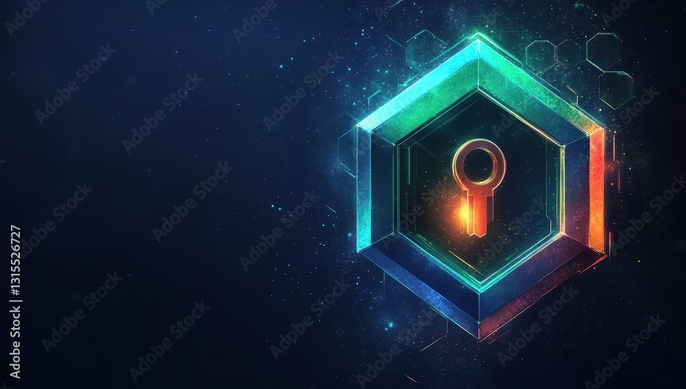 Poster digital key unlocking potential with vibrant geometric pattern in a futuristic technology-inspired b