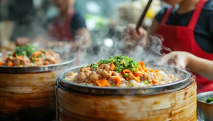 Steaming food market, busy kitchen