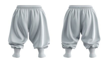 White harem pants, studio shot, front & back views, fashion design mockup