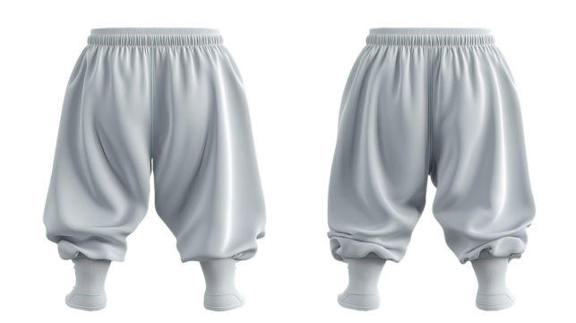 White harem pants, studio shot, front & back views, fashion design mockup