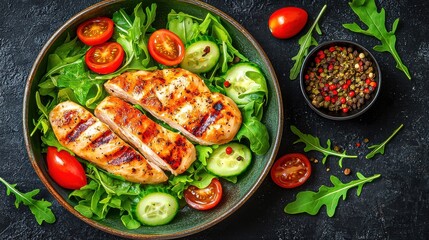 Fresh and healthy grilled chicken breast fillet with a vibrant vegetable salad featuring lettuce arugula spinach cucumber and tomato perfect for a nutritious lunch meal at your favorite eatery
