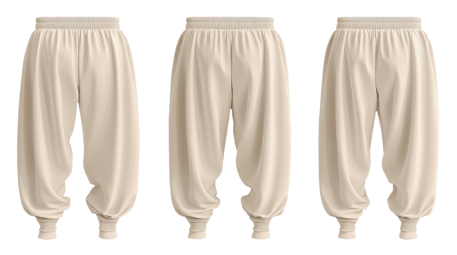 Beige harem pants, multiple views, studio shot, white background, clothing design