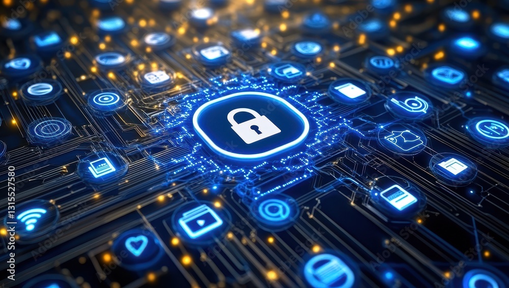 Wall mural digital network security concept with lock icon surrounded by glowing technology icons on a futurist