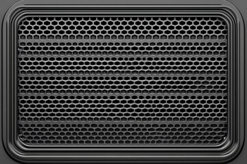 Detailed close-up of a modern black metal grill with hexagonal perforations