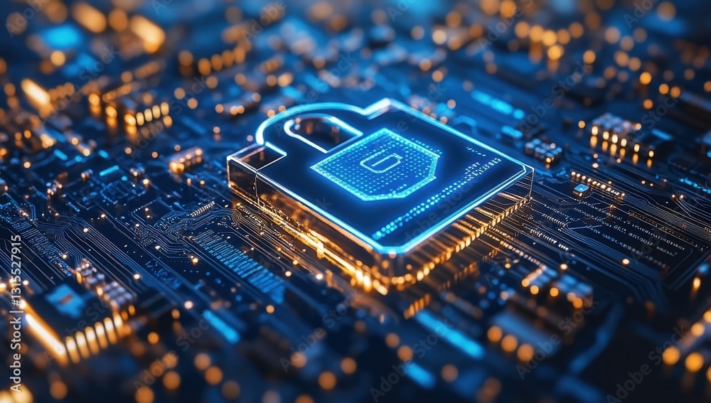 Poster digital secure lock on circuit board with glowing lights and technology background representing data
