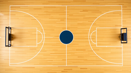 An overhead view of a hardwood maple basketball court floor.