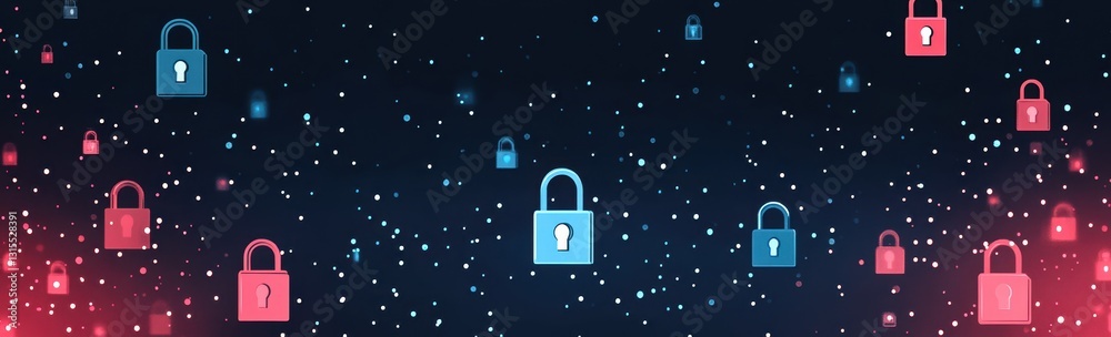 Poster digital security concept with colorful locks on dark background representing data protection, privac