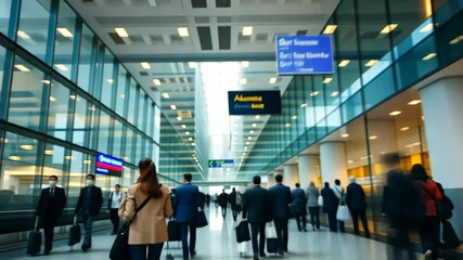 Diverse Crowd of Business People Walking Through a Bright Airport Terminal with Glass Walls and Signs Under Modern Lighting System