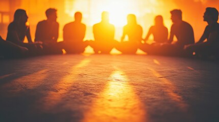 Group of Friends Silhouetted in Warm Sunset Light Sitting Together