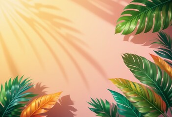 Naklejka premium A vibrant, abstract tropical summer background with minimalist, bright palm leaves. Perfect for posters, sale templates, fashion ads, headers, and social media designs