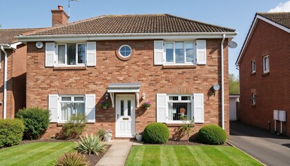 Fototapeta premium charming suburban brick house with white shutters, well-maintained front yard, and green lawn in a peaceful residential neighborhood
