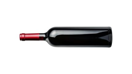 Horizontal wine bottle lying down with red capsule and transparent background