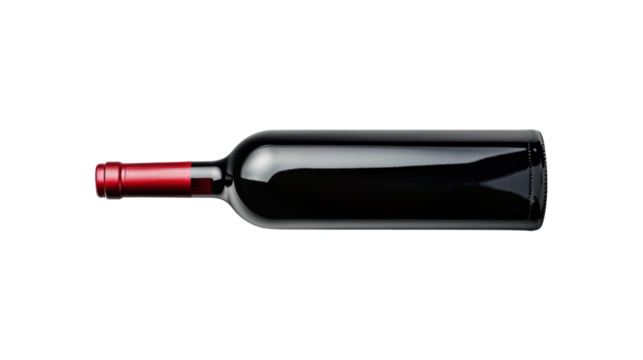 Horizontal wine bottle lying down with red capsule and transparent background
