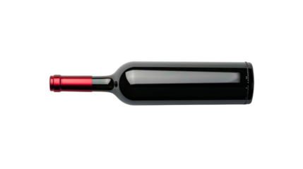 Horizontal wine bottle with red capsule lying on transparent background
