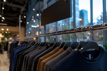 Obraz premium This image showcases a line of fashionable shirts hanging neatly on a rack inside a contemporary retail store with large windows and natural light filtering through.