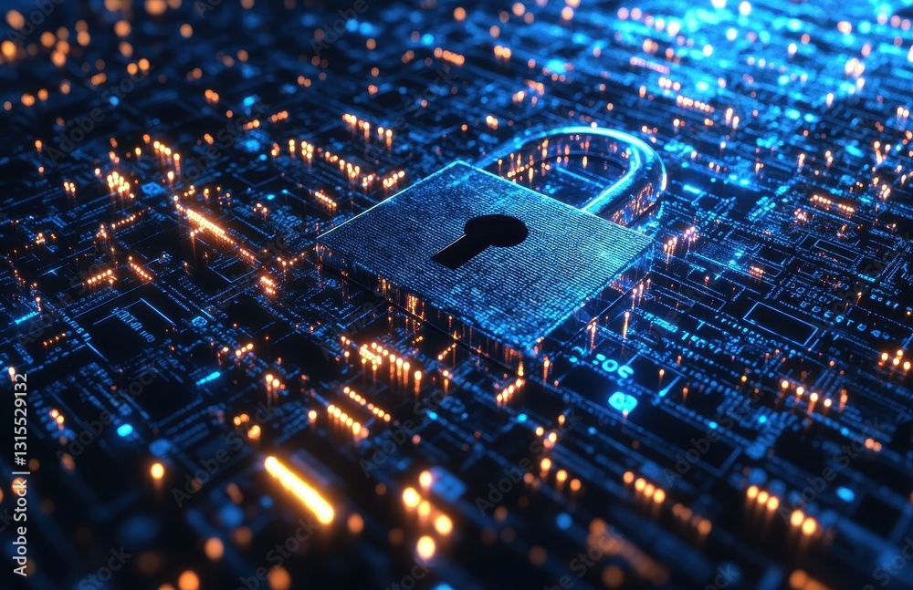 Poster digital security concept with lock symbolizing data protection and cybersecurity over bright abstrac