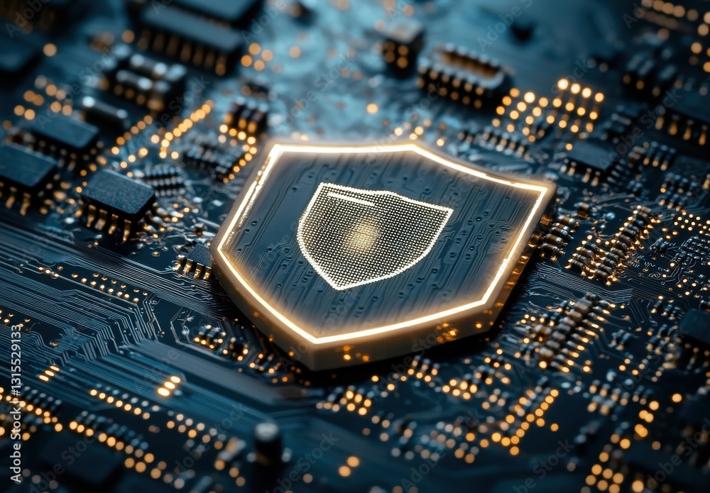 Poster digital security concept with microchip and shield symbolizing protection of data and information in