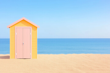 Beach Hut Bliss: Capturing the essence of summer with a quaint, colorful beach hut standing idyllically on a sandy shore, with the serene ocean under a clear, azure sky.