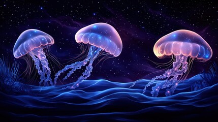 Glowing jellyfish ocean night art, cosmic background, fantasy