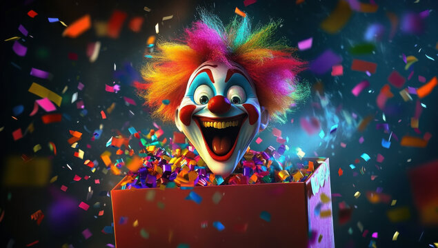 Joyful Jack-in-the-Box with a colorful burst of confetti on April Fool's Day 
 - Powered by Adobe