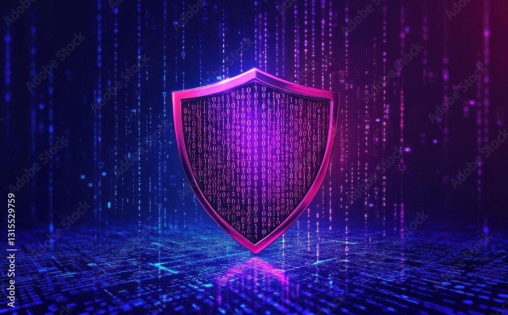 Poster digital shield icon with binary code, cyber security concept, protection symbol in neon colors, tech