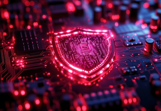 Digital Shield Symbol on Circuit Board Background with Red Glow Highlighting Cybersecurity Concept and Technology Protection Theme