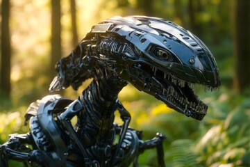 Futuristic robotic creature stands in a lush forest during daylight hours