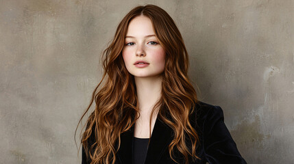 Fototapeta premium Elegant Woman with Auburn Hair and Freckles Posing in a Velvet Blazer Against a Textured Gray Backdrop