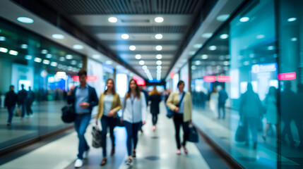 Blurred people walking in a modern, brightly lit urban corridor