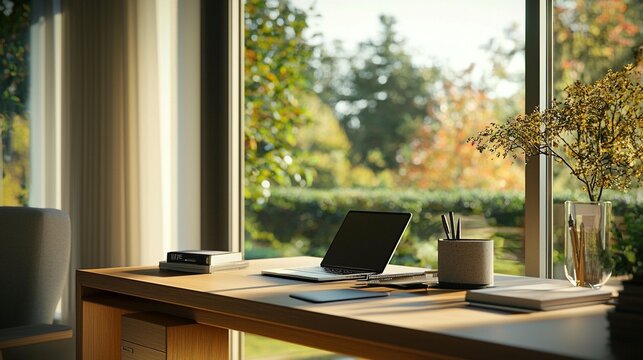 Sunlit home office desk with laptop, books, and plants; overlooking a garden.