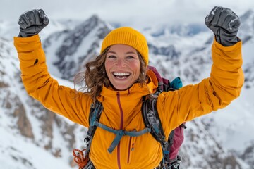 Woman celebrates reaching mountain summit in winter while wearing bright orange jacket and yellow beanie with snow-covered peaks in the background