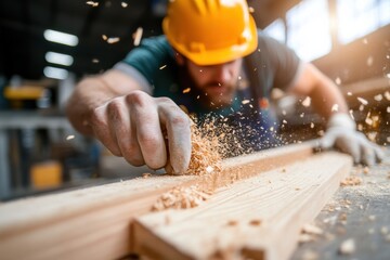 A skilled craftsman works meticulously on a wooden plank, creating fine shavings and displaying precision in woodworking techniques in a well-lit workshop environment.