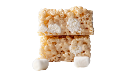 Two rice krispies treats with melted marshmallows on transparent background