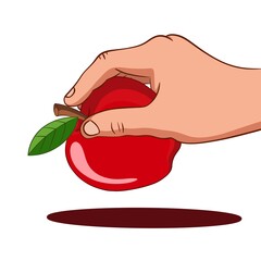 Illustration of a hand holding a red apple. Apple in hand